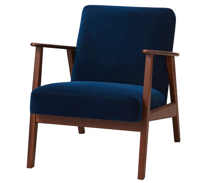כורסא בסגנון רטרו מקטיפה כחולה בשילוב עץ